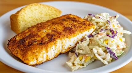 Deliciously Battered Fish Fillet with Creamy Coleslaw and Bread
