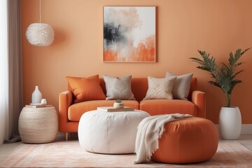 stylish living room, white pouf, lamp, consola and personal accessories, Tangerine wall