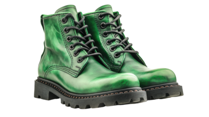 Stylish green leather boots on display, showcasing vibrant color and sturdy design for any occasion