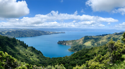 Panoramic view of a serene lake nestled in lush green hills under a bright blue sky, ideal for travel brochures