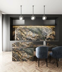 Modern Contemporary kitchen room interior with dark brown kitchen countertop and wooden breeks wall and kitchen countertop made with marble, wooden shelfs, hanging lamps. Mockup. 3D Rendering