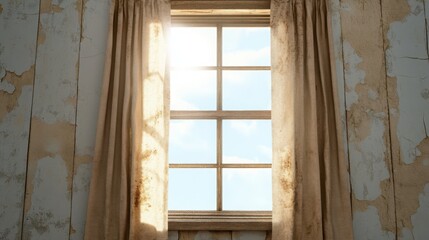 Fototapeta premium A cracked and dirty window with faded curtains, framed by peeling wooden panels