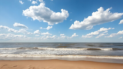 Fototapeta premium Peaceful ocean beach under sunny sky, calm waves on sandy shore, idyllic summer day, perfect for travel brochures
