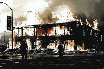 Silhouette of a firefighting crew looking at a burning house.