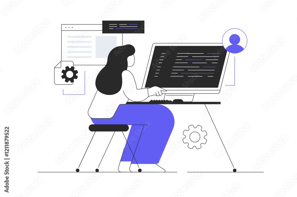 Sticker wireless technology concept. woman uses computer to work and access global internet. flat cartoon ve