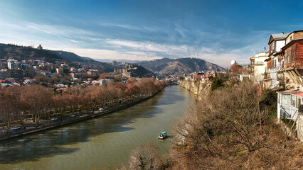 Panoramic image aerial view of the historical part of the city with a embankment the river.