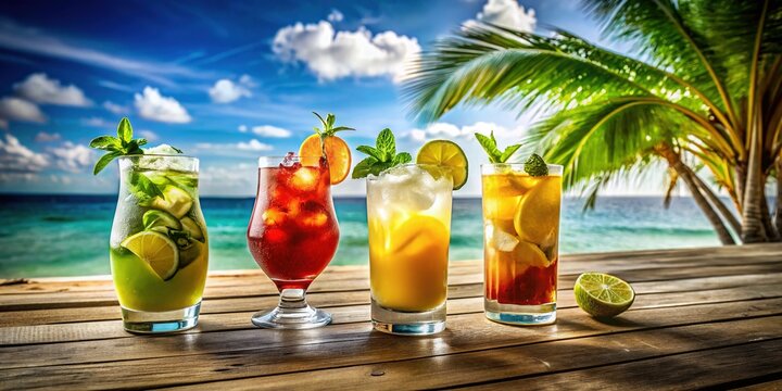 Tropical beachside drinks & food, ocean views. Summer vacation vibes.