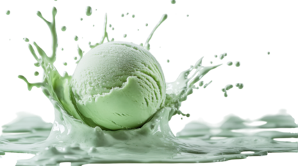 Refreshing green ice cream ball splashes in creamy puddle during a sunny afternoon moment