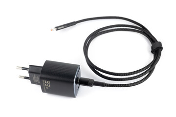 Smartphone charger with USB type C cable isolated on white background