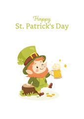Naklejka premium St. patricks day. A postcard of a cute leprechaun with a beer.