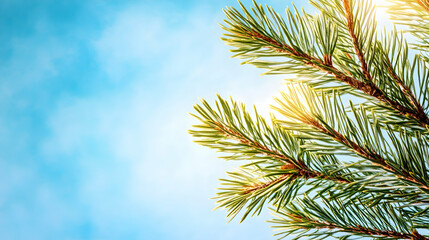 Obraz premium Pine tree branches against a bright blue sky, sunlight shining through needles. Perfect for nature, holiday, or environmental themes