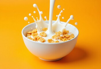 White milk pouring on cereal in bowl with yellow background