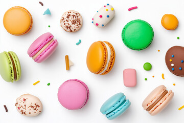 Obraz premium Colorful french macaron cookies, isolated on white background