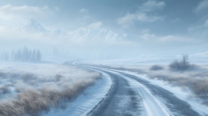 Obraz premium Snowy Mountain Road Landscape with a winding road and foggy mountain backdrop