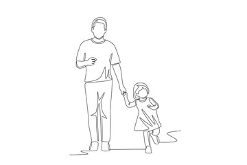 Father and daughter are walking. Dad and daughter concept one-line drawing