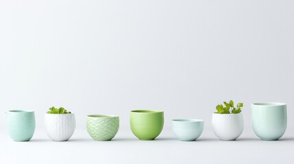 Pastel green ceramic pots with mint, minimalist home decor, white background, website design