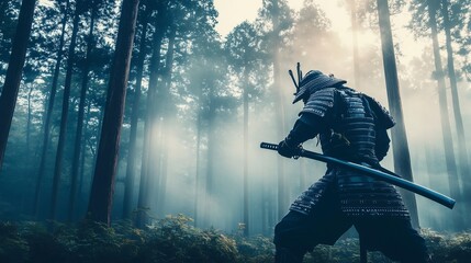 Naklejka premium Samurai in Forest with Misty Backdrop Holding Katana Sword in Ready Stance