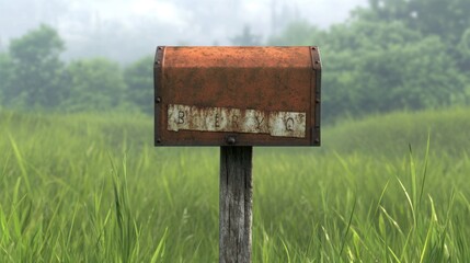 A rusted, dented mailbox with faded letters, mounted on a leaning wooden post