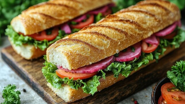 Delicious Veggie Baguette Sandwich on Wooden Board