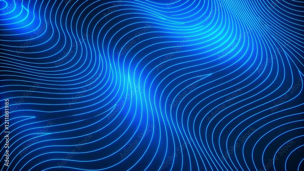 Aufkleber smooth wave lines on a blue neon color light background. glowing abstract wave on dark, shiny motion