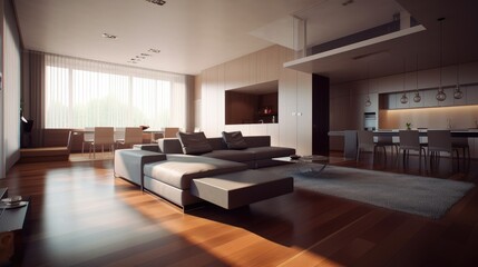 Fototapeta premium A spacious modern living room with a high ceiling and large floor-to-ceiling windows, allowing abundant natural light to flood the space. 