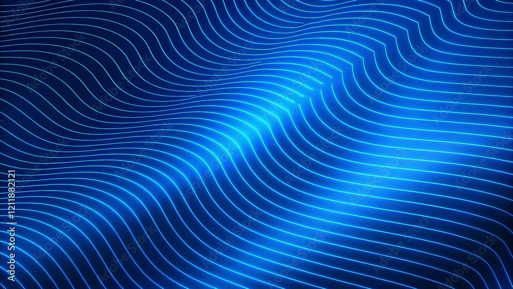 Poster smooth wave lines on a blue neon color light background. glowing abstract wave on dark, shiny motion
