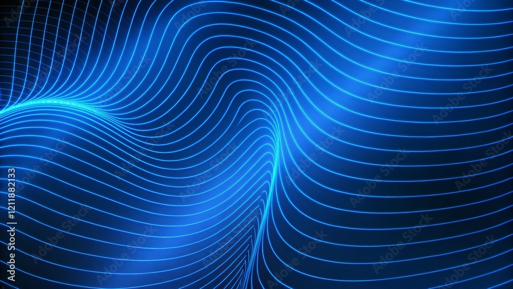 Poster smooth wave lines on a blue neon color light background. glowing abstract wave on dark, shiny motion