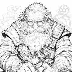 contemplative dwarf engineer studying complex schematics in a detailed black and white line drawing