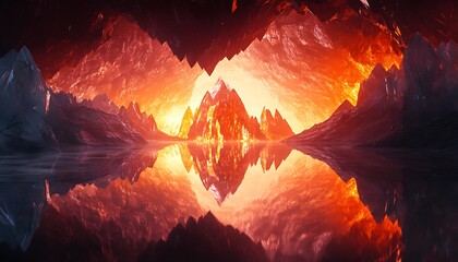 A surreal digital art of a glowing crystal cavern viewed from an explorera??s perspective with reflections creating an infinite effect