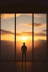 A figure standing in front of a large window, watching a sunrise with a peaceful expression, symbolizing the start of a new mental journey.


