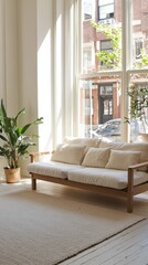 Cozy minimalist scandinavian living room with natural light