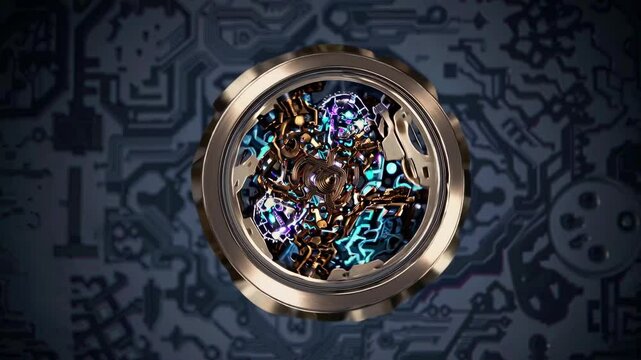 Intricate details of a complex mechanical watch movement with vibrant colors and fine craftsmanship