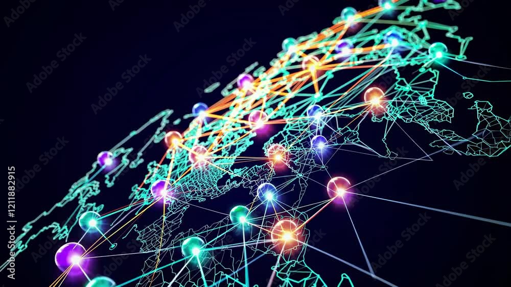 Fototapete connecting global networks through vibrant digital spheres and lines of interaction