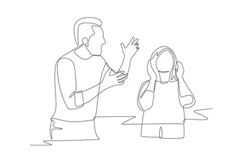 Father scolds daughter. Dad and daughter concept one-line drawing