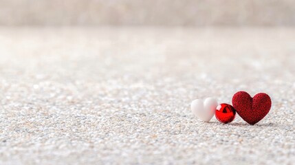 Fototapeta premium Red and white decorative hearts with a shiny red bead rest on a textured glittery surface, creating a minimalist Valentine's Day concept.