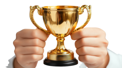 Celebrating achievement with a gleaming golden trophy held triumphantly in hands