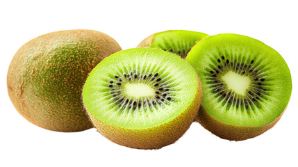 Fototapeta premium Fresh kiwi fruit halves and whole kiwi isolated on transparent background