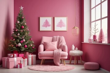 cozy christmas living room interior with shelf, boucle armchair, pouf, blank poster frame, christmas tree