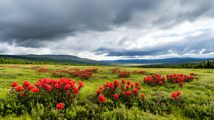 Naklejka premium Red flowers bloom in a mountain meadow under a stormy sky; scenic landscape photography for travel brochures