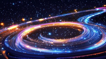 Fototapeta premium A vibrant cosmic highway of light trails with swirling patterns under a starry night sky