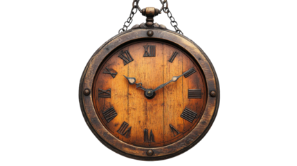Timeless elegance of an antique wooden clock hanging in soft light