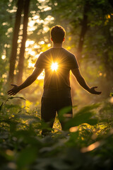 A person standing in a forest clearing, with a golden light emanating from their heart, symbolizing emotional strength and healing.


