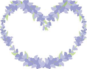 A delicate heart-shaped floral wreath crafted from pastel purple blossoms and soft green leaves. Flowers heart for Valentine's Day cards, spring-themed projects, or decorative purposes.