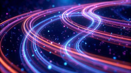 Vibrant neon fiber optic cables move rapidly, creating abstract patterns with multicolored lights against a dark backdrop, showcasing an electrifying visual effect, futuristic tech glow motion