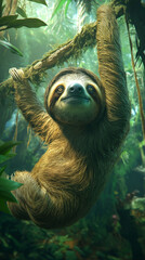 Fototapeta premium A sloth hanging upside down from a branch, taking a selfie with a tropical rainforest as the background, its face showing a slow, cheeky grin.