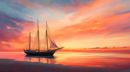 Fototapeta premium Sailboat at sunset, calm ocean, vibrant sky, peaceful scene, travel poster