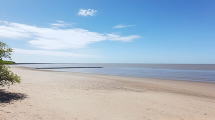 Fototapeta premium Sandy beach, calm ocean, clear sky, mangrove tree, coastal landscape, travel postcard