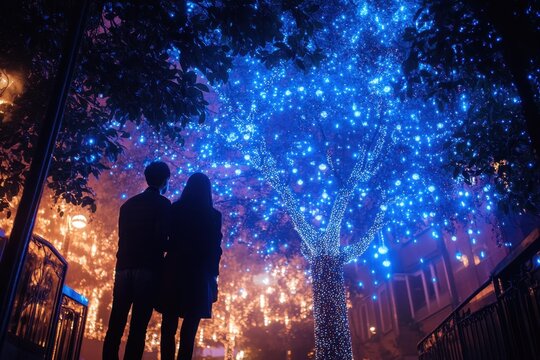 Couple admiring blue lights on a tree during a festive evening stroll - Powered by Adobe