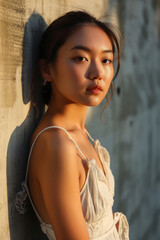 Fototapeta premium Young Asian Woman in a White Dress Illuminated by Sunset Light