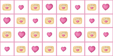 Seamless pattern design featuring love-themed elements of hearts and decorative cookies